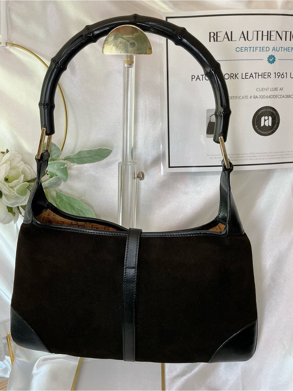 Preloved Gucci Black Suede Shoulder Bag with Gold Hardware w COA - Picture 6 of 12